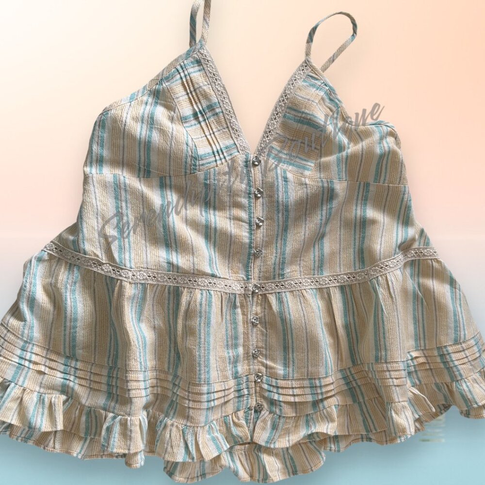 POL Flirty Lemon Aqua Boho Pastel Lace Ruffled Breezy Button Up Cami Straps Top - Picture 7 of 14